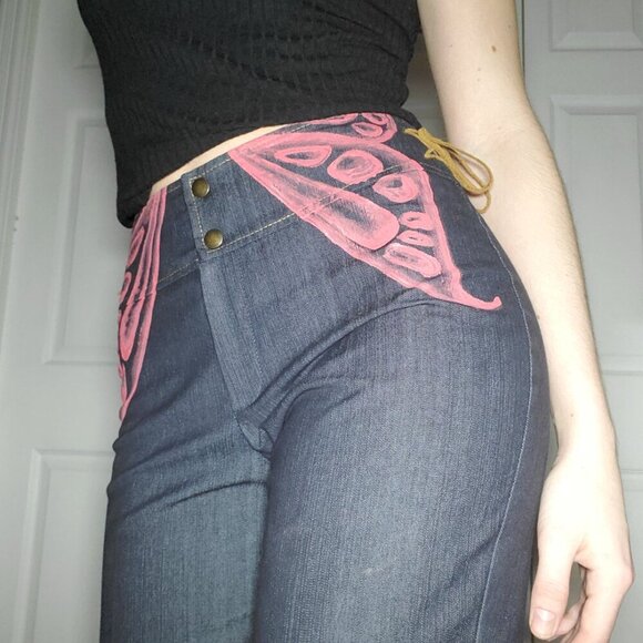Vintage Bratz Y2K pink butterfly suede lace up high rise dark wash bootcut jeans - Picture 1 of 13
